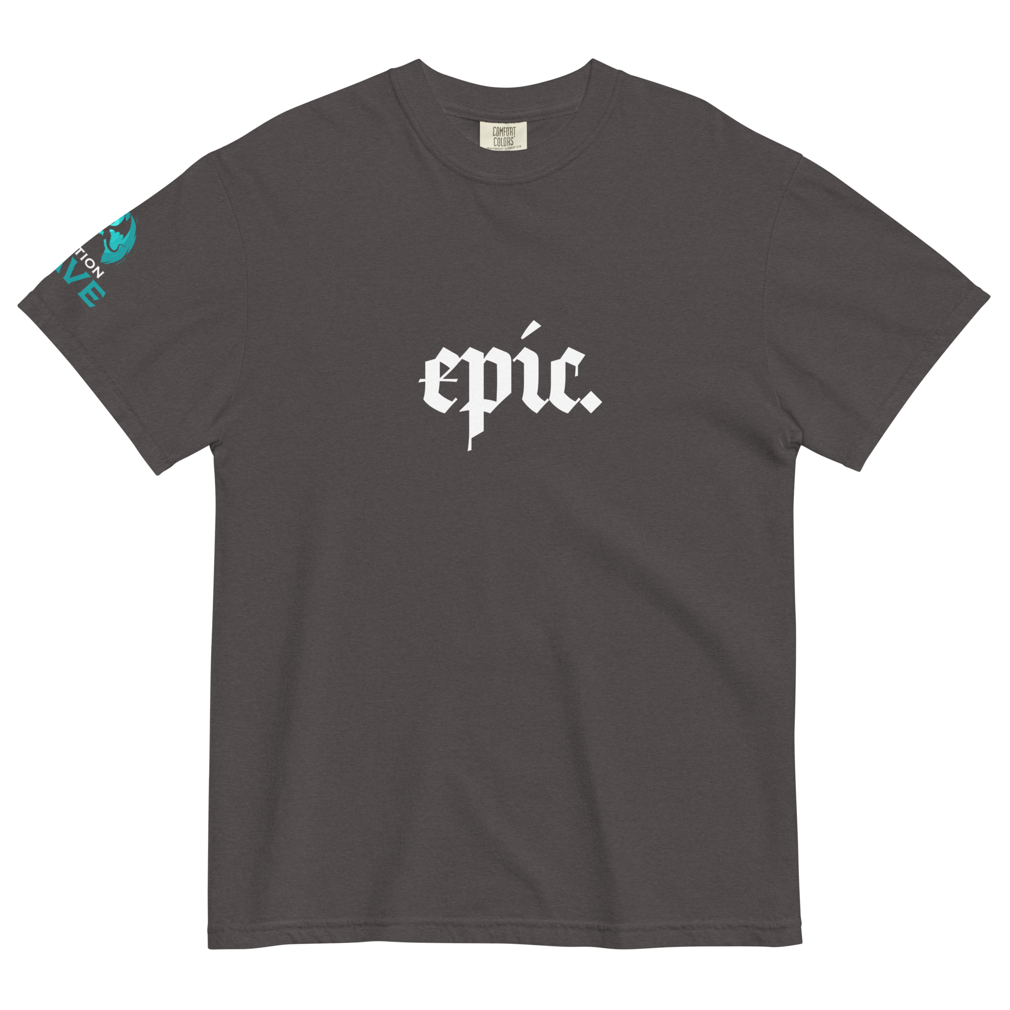 Gray t-shirt with 'epic.' text on a white background